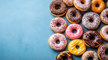 Poster - Assortment of donuts on blue background Copy space Top view : Generative AI