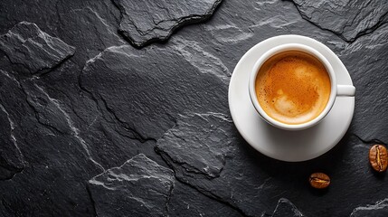Poster - Coffee in white cup on black slate background Top view : Generative AI