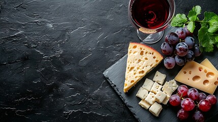Poster - Cheese assortment on slate cutting board with red wine Grey background Top view : Generative AI