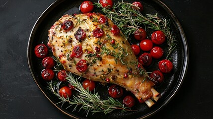 Aufkleber - Roasted lamb leg on a plate Black background Close up Top view : Generative AI