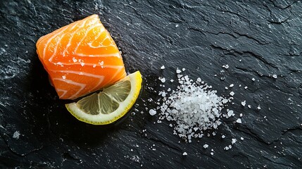 Poster - Salmon fillet with sea salt lemon olive oil on slate dark background Close up : Generative AI