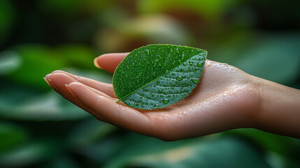 Canvas Print - hand gently holds a green leaf, symbolizing connection with nature, sustainable energy, and environmental harmony. This image evokes themes of renewal, growth, and ecological care