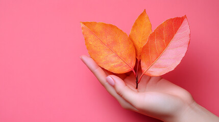 Poster - hand gently holds a green leaf, symbolizing connection with nature, sustainable energy, and environmental harmony. This image evokes themes of renewal, growth, and ecological care