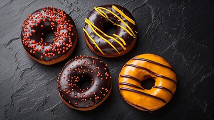 Poster - Donuts with Halloween decoration icing on black slate background Top view Copy space : Generative AI