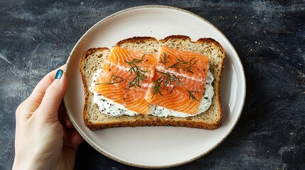 Poster - Sandwich toast with smoked salmon and cream cheese on white plate with Scottish flag Grey background Top view : Generative AI
