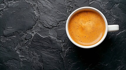 Poster - Coffee in white cup on black slate background Top view : Generative AI