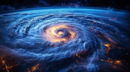 Sticker - Breathtaking satellite view captures a massive typhoon swirling over the Earth, contrasted by vibrant city lights at night.