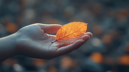 Poster - hand gently holds a green leaf, symbolizing connection with nature, sustainable energy, and environmental harmony. This image evokes themes of renewal, growth, and ecological care