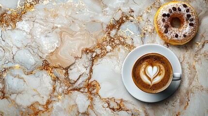 Aufkleber - Coffee espresso with donut Marble background Close up Top view : Generative AI