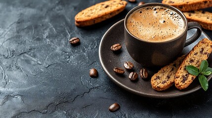 Poster - Coffee espresso in cup with biscotti cookies on black marble background Close up Top view : Generative AI