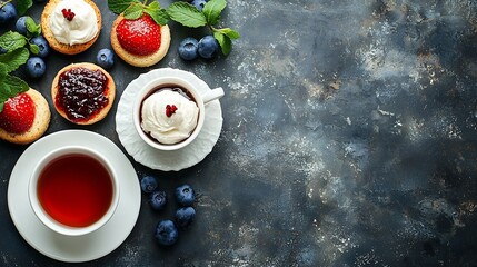 Poster - Scones tea cakes with jam clotted cream with tea Traditional British teatime Grey background Copy space Top view : Generative AI