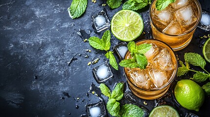 Poster - Moscow Mules cocktail with ginger beer vodka lime and mint Dark background Close up : Generative AI