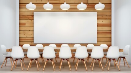 Wall Mural - Modern conference room featuring a large blank poster, sleek wooden and glass decor for productive corporate meetings.