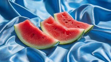 Aufkleber - Watermelon slices on blue textile background Fresh organic product Close up : Generative AI