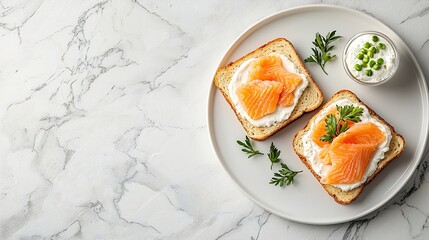 Poster - Sandwich toast with smoked salmon and cream cheese on white plate Marble background Top view : Generative AI