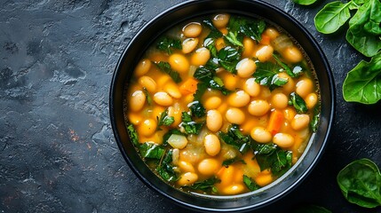 Poster - Bean soup in a black bowl Grey background Close up Top view : Generative AI