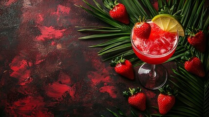 Poster - Strawberry margarita cocktail on colorful wooden background with palm leaf Copy space Top view : Generative AI