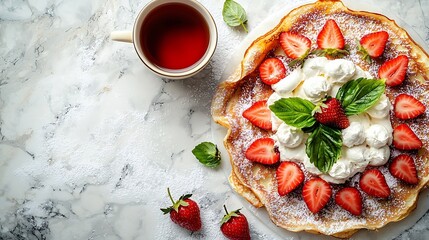 Aufkleber - Crepes thin pancakes with fresh strawberry and ricotta with cup of tea Marble background : Generative AI