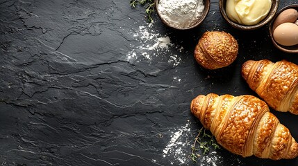 Poster - Croissants with baking ingredients Traditional French pastry Copy space Top view : Generative AI