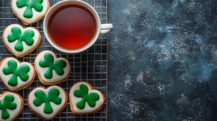 Poster - Shamrock cookies on cooling rack with cup of tea St Patricks Day dessert Grey background Top view : Generative AI