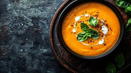 Poster - Pumpkin butternut squash soup with cream in black bowl on wooden tray Grey background Close up Top view : Generative AI