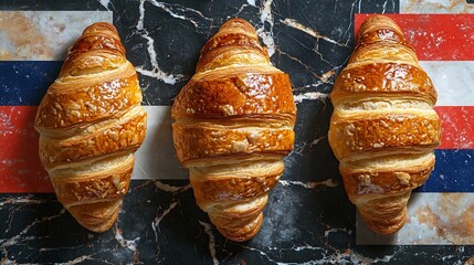 Poster - Croissants with French flag Marble background Top view : Generative AI