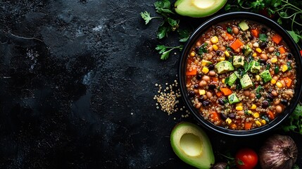 Aufkleber - Vegetable quinoa soup stew with avocado corn beans South American traditional dish Close up Top view : Generative AI