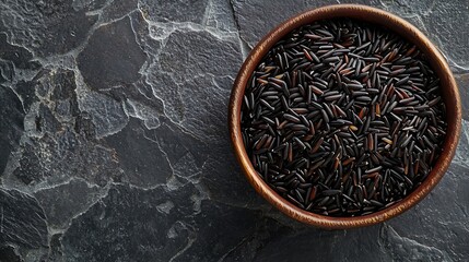 Poster - Black wild rice in a bowl Grey stone background Close up Top view : Generative AI