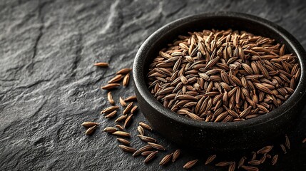 Poster - Cumin seed in black bowl Grey slate background Close up : Generative AI