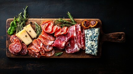 Aufkleber - Cheese and meat appetizers on cutting board on wooden background Copy space Top view : Generative AI