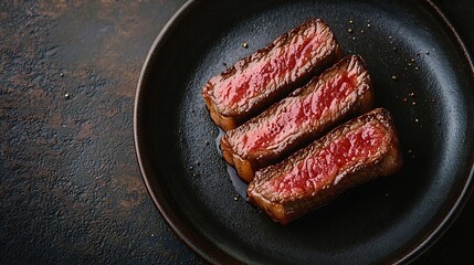 Poster - Beef steak meat medium rare on plate Dark background Copy space Top view : Generative AI