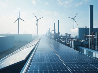 2408 48.a factory rooftop lined with solar panels, with tall wind turbines visible in the background