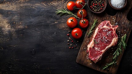 Poster - Raw fresh meat Steak with salt and pepper rosemary and tomatoes on cutting board on dark wooden background Copy space : Generative AI