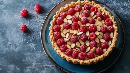 Aufkleber - Almond and raspberry cake Bakewell tart Traditional British pastry Top view Copy space Blue background : Generative AI