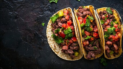 Poster - Taco with beef Mexican traditional cuisine Dark background Copy space Top view : Generative AI