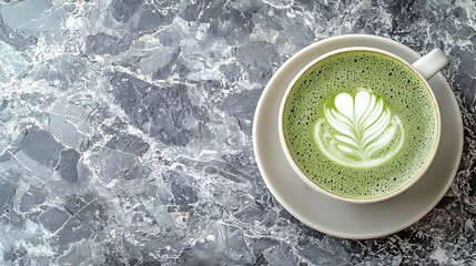 Poster - Matcha green tea latte in a cup Grey stone background Top view : Generative AI