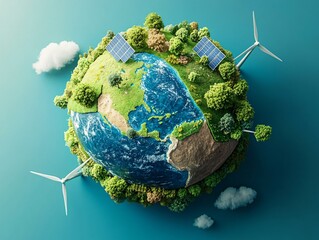 2408 28.A 3D isometric view of a globe with sections of nature-friendly environments, including forests, wind turbines, and solar panels. The earth appears protected by green energy solutions,