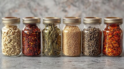 Poster - Assortments of spices white pepper chili flakes lemongrass cumin fenugreek seeds in jars on grey stone background : Generative AI