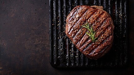 Poster - Beef steak on grill surface Copy space Top view : Generative AI