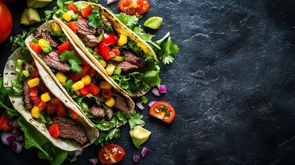 Poster - Taco with beef Mexican traditional cuisine Dark background Copy space Top view : Generative AI