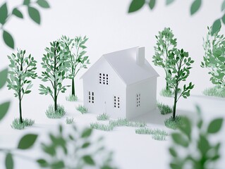 2408 25.A minimalist paper-crafted home in the center, framed by delicate green paper trees on a pure white background. This design represents downsizing and transitioning to rural life, away from