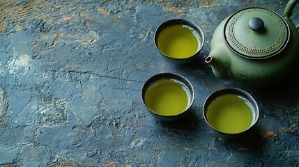 Aufkleber - Green tea in tea pot and bowls cups on slate background Top view : Generative AI