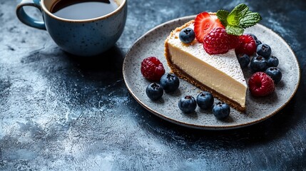Poster - Cheesecake dessert with fresh berries and cup of coffee Grey background Top view : Generative AI