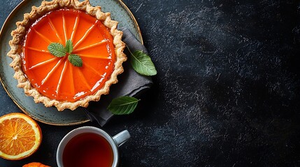 Poster - Pumpkin pie tart on a plate with cup of tea Dark background Close up Top view : Generative AI