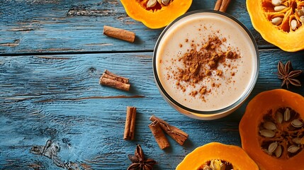 Poster - Pumpkin smoothie with pumpkin pie spices on a blue wooden background Top view : Generative AI