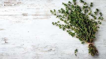 Poster - Bunch of fresh thyme on cracked white wooden background Top view Copy space : Generative AI