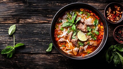 Poster - Traditional Vietnamese beef soup pho with sous Hoisin on a wooden background Copy space : Generative AI