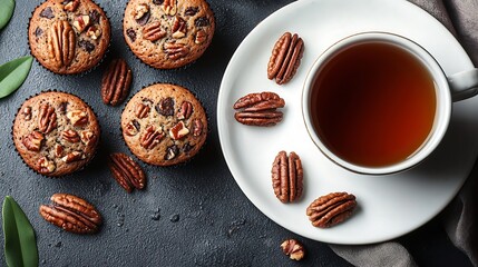 Poster - Pecan nuts muffins cake with cup of tea on a plate Grey background Top view : Generative AI