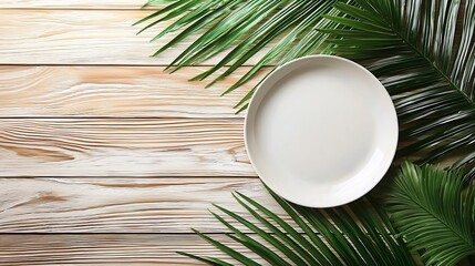 Poster - White plate with palm leaf on wooden background Copy space Top view : Generative AI