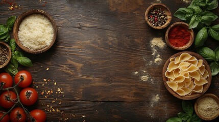 Poster - Italian food ingredients pasta tomatoes herbs minced and spices on wooden background : Generative AI